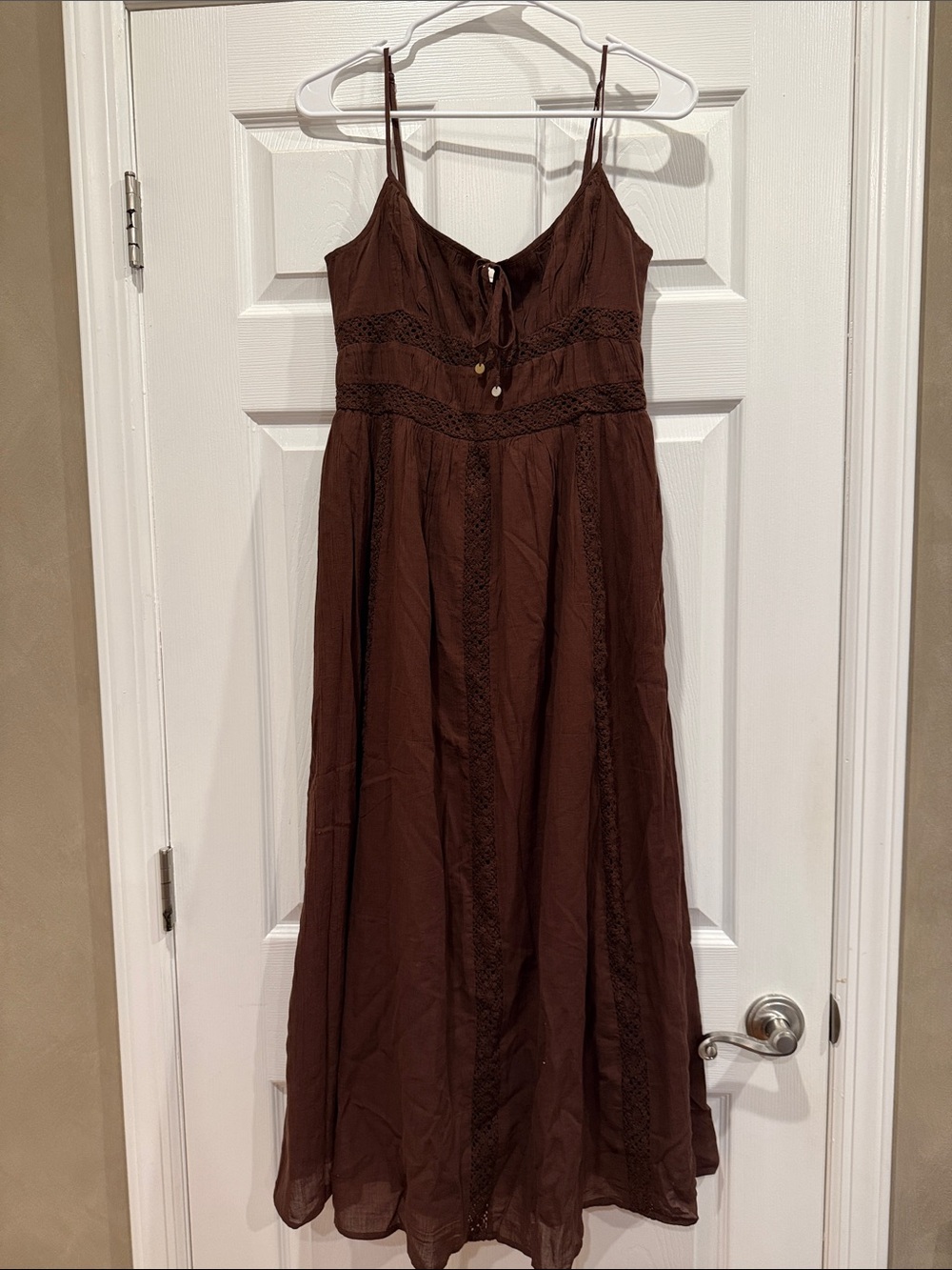 American Eagle Brown Spaghetti-Strap Maxi Dress with Lace Trim